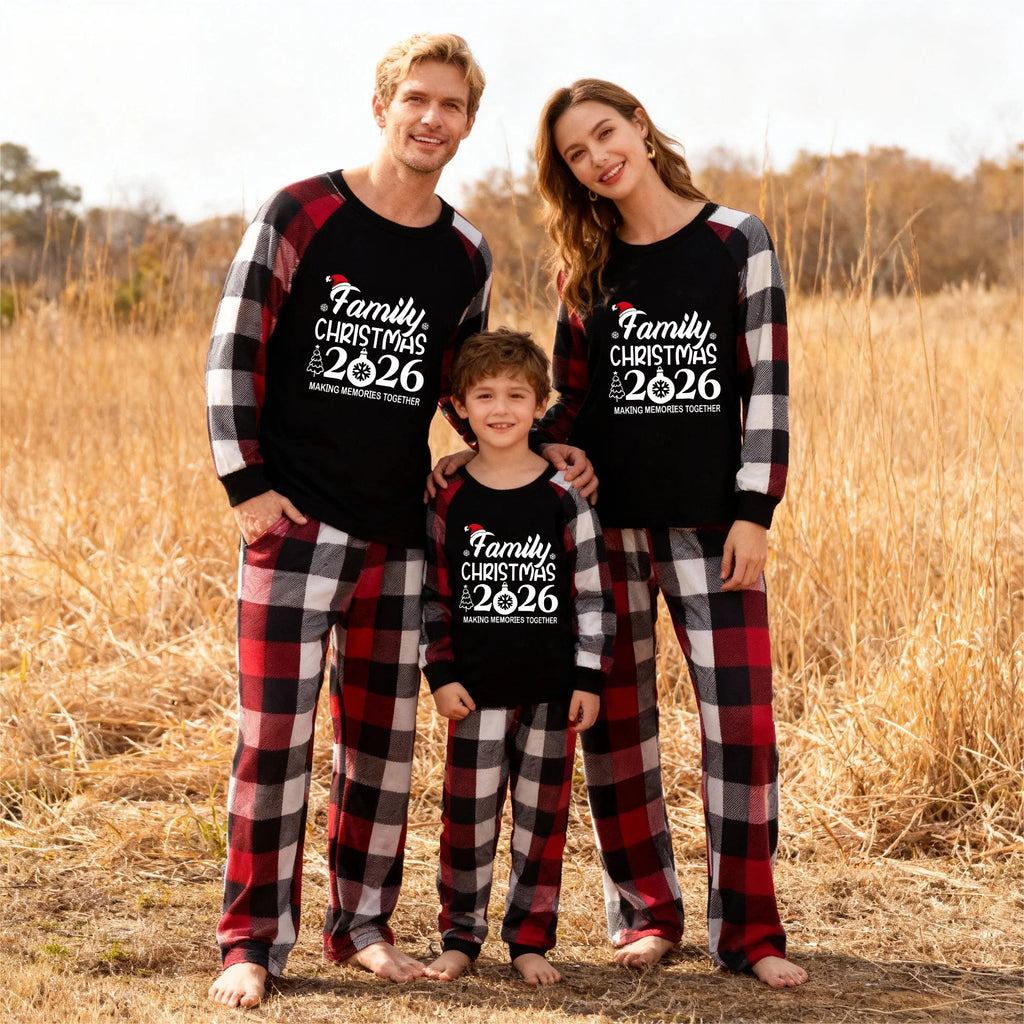 "FAMILY 2026 CHRISTMAS  MAKING MEMORIES TOGETHER " Text And Santa Hat Printed Pattern- Black Top with Red&Black&White Plaid Sleeves - Family Matching Pajamas