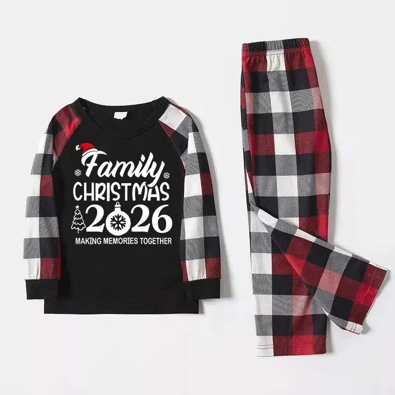 "FAMILY 2026 CHRISTMAS  MAKING MEMORIES TOGETHER " Text And Santa Hat Printed Pattern- Black Top with Red&Black&White Plaid Sleeves - Family Matching Pajamas