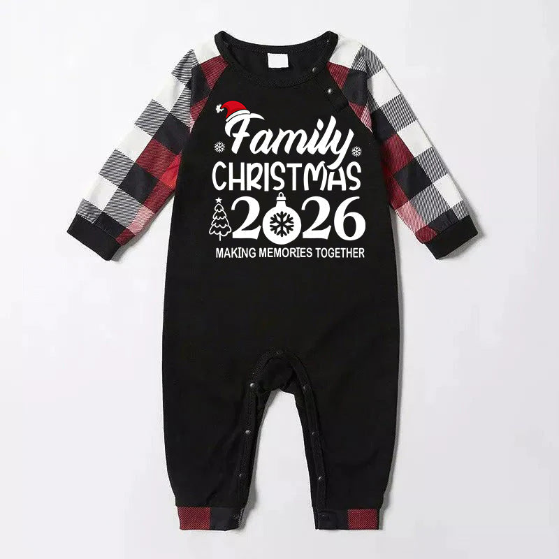 "FAMILY 2026 CHRISTMAS  MAKING MEMORIES TOGETHER " Text And Santa Hat Printed Pattern- Black Top with Red&Black&White Plaid Sleeves - Family Matching Pajamas