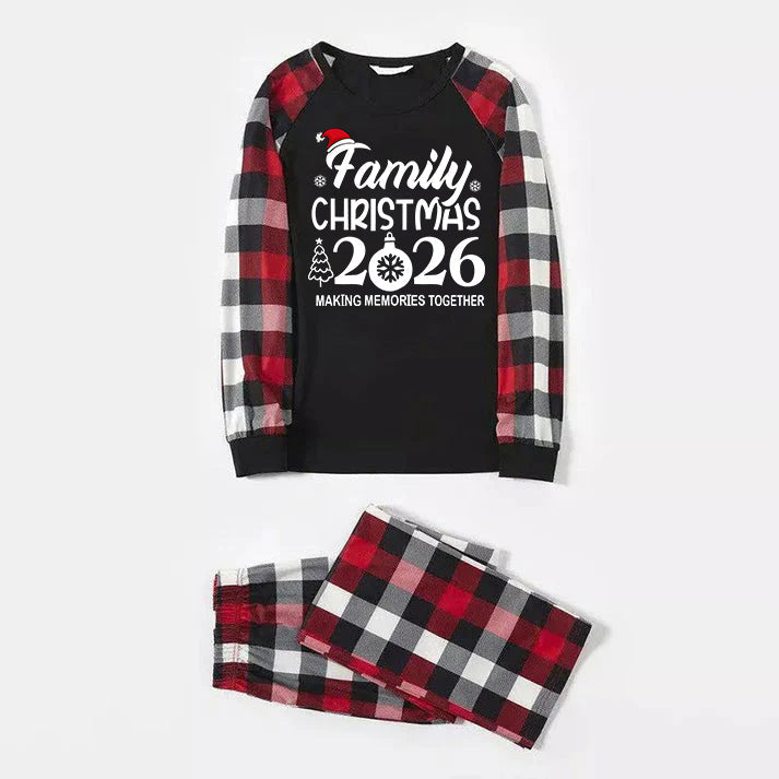 "FAMILY 2026 CHRISTMAS  MAKING MEMORIES TOGETHER " Text And Santa Hat Printed Pattern- Black Top with Red&Black&White Plaid Sleeves - Family Matching Pajamas
