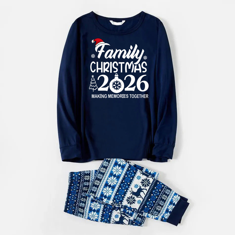 "Family Christmas 2026 " Text Print Blue Family Matching Pajamas