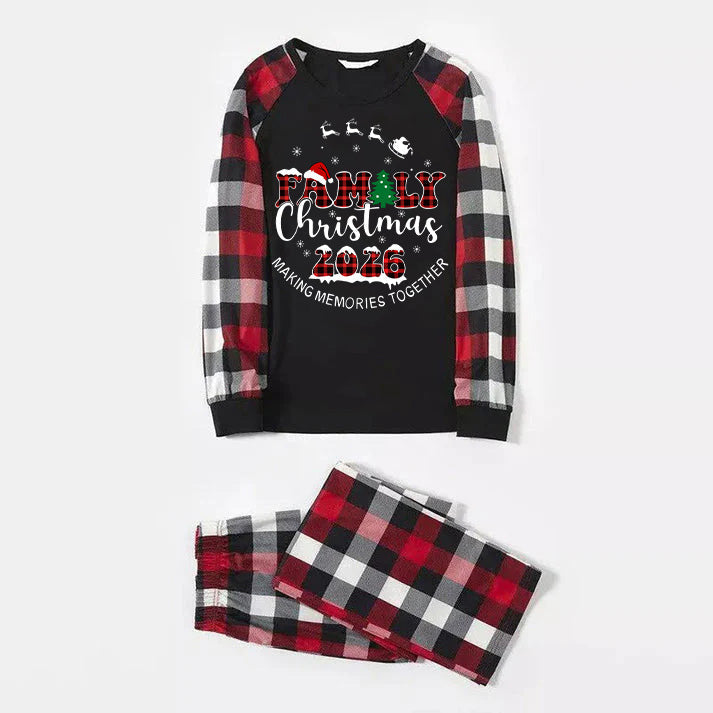 "FAMILY CHRISTMAS 2026" Text Printed and Santa Hat Pattern- Black Top with Red&Black&White Plaid Sleeves - Family Matching Pajamas
