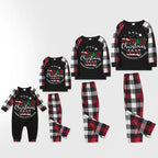 "FAMILY CHRISTMAS 2026" Text Printed and Santa Hat Pattern- Black Top with Red&Black&White Plaid Sleeves - Family Matching Pajamas