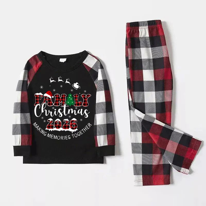 "FAMILY CHRISTMAS 2026" Text Printed and Santa Hat Pattern- Black Top with Red&Black&White Plaid Sleeves - Family Matching Pajamas