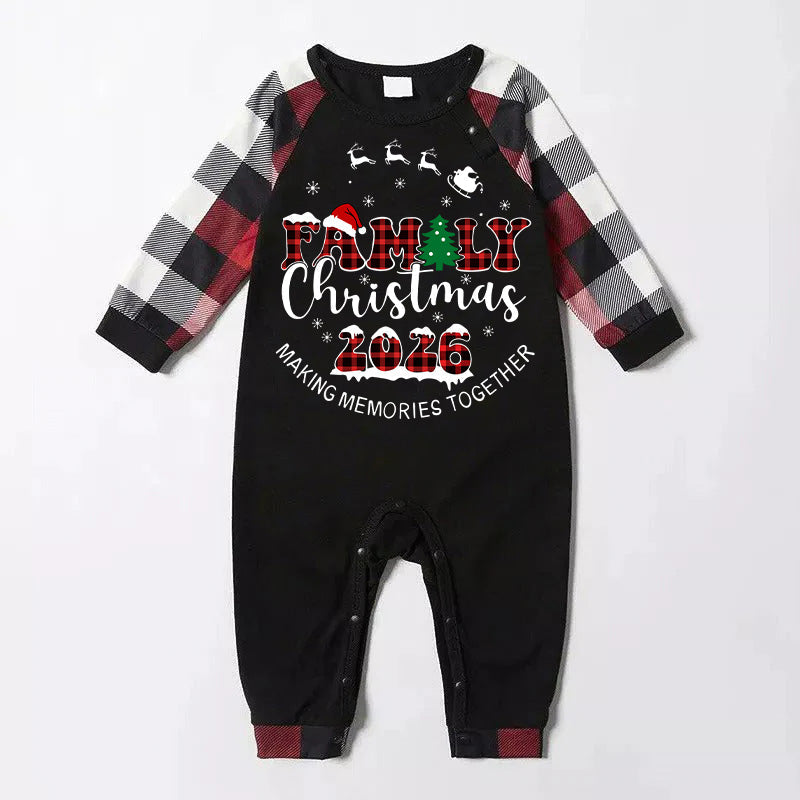 "FAMILY CHRISTMAS 2026" Text Printed and Santa Hat Pattern- Black Top with Red&Black&White Plaid Sleeves - Family Matching Pajamas