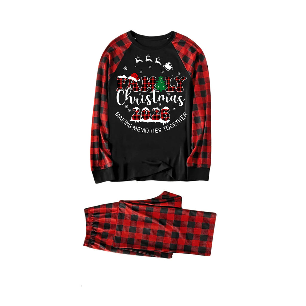 Cute Elk and "2026 Family Christmas" Text Print Black & Red Plaid Christmas Matching Pajamas