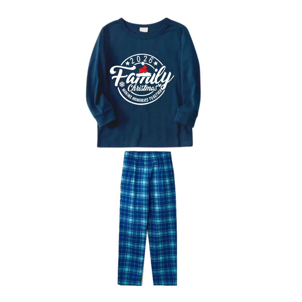 "2026 Family Christmas Making Memories Together" Text Ring Pattern - Blue Long Sleeve Top With Blue Plaid Family Matching Pajamas