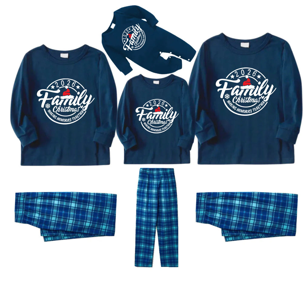 "2026 Family Christmas Making Memories Together" Text Ring Pattern - Blue Long Sleeve Top With Blue Plaid Family Matching Pajamas
