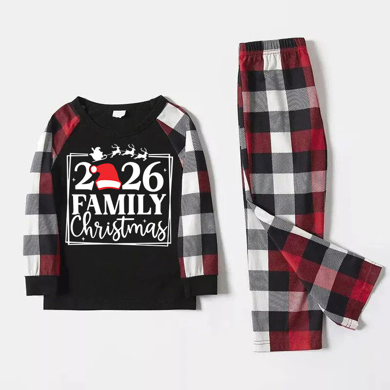 "2026 FAMILY CHRISTMAS " Text And Santa Hat Printed Pattern- Black Top with Red&Black&White Plaid Sleeves - Family Matching Pajamas