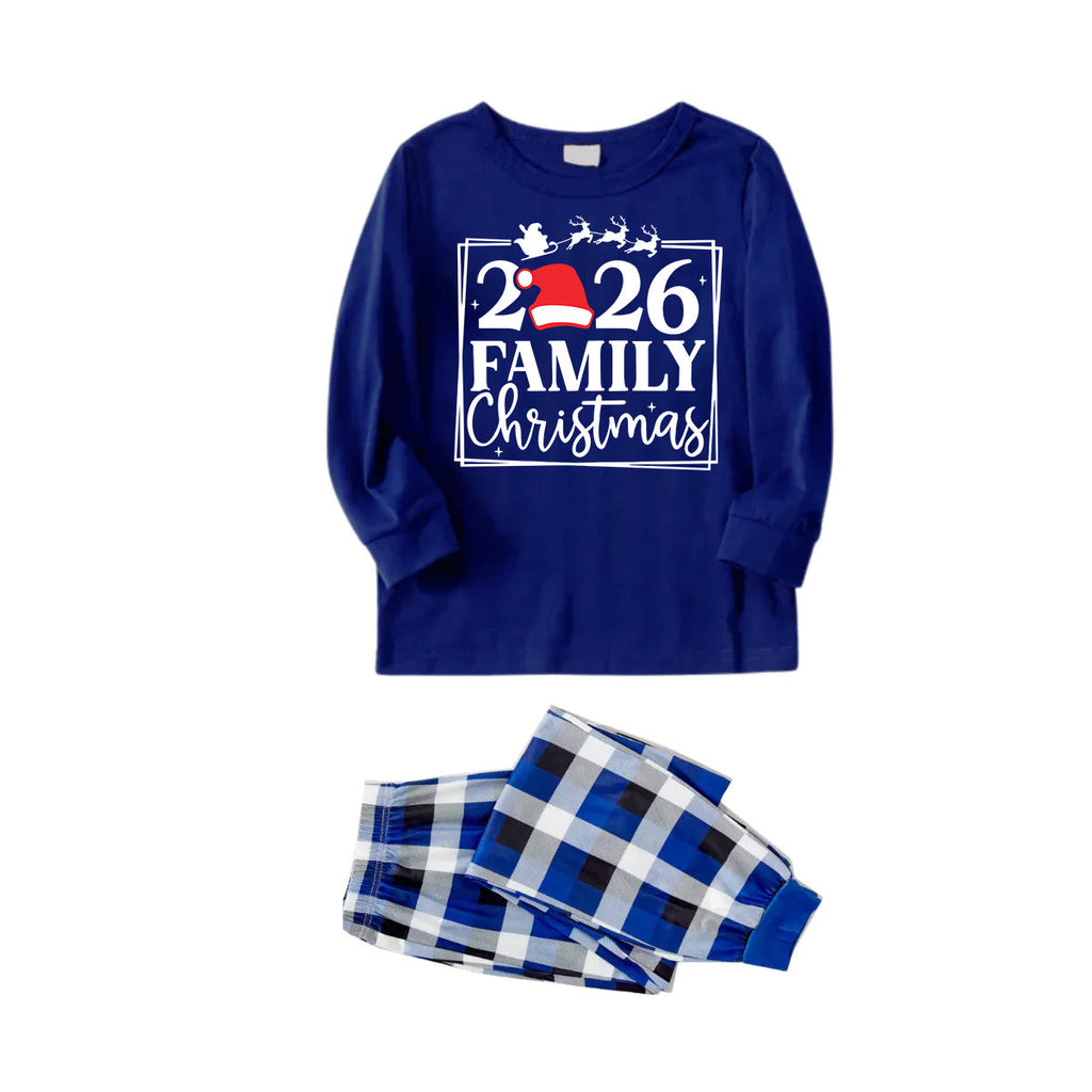 "2026 Family Christmas" Text and Reindeer Printed Blue and White Plaid Family Matching Pajamas
