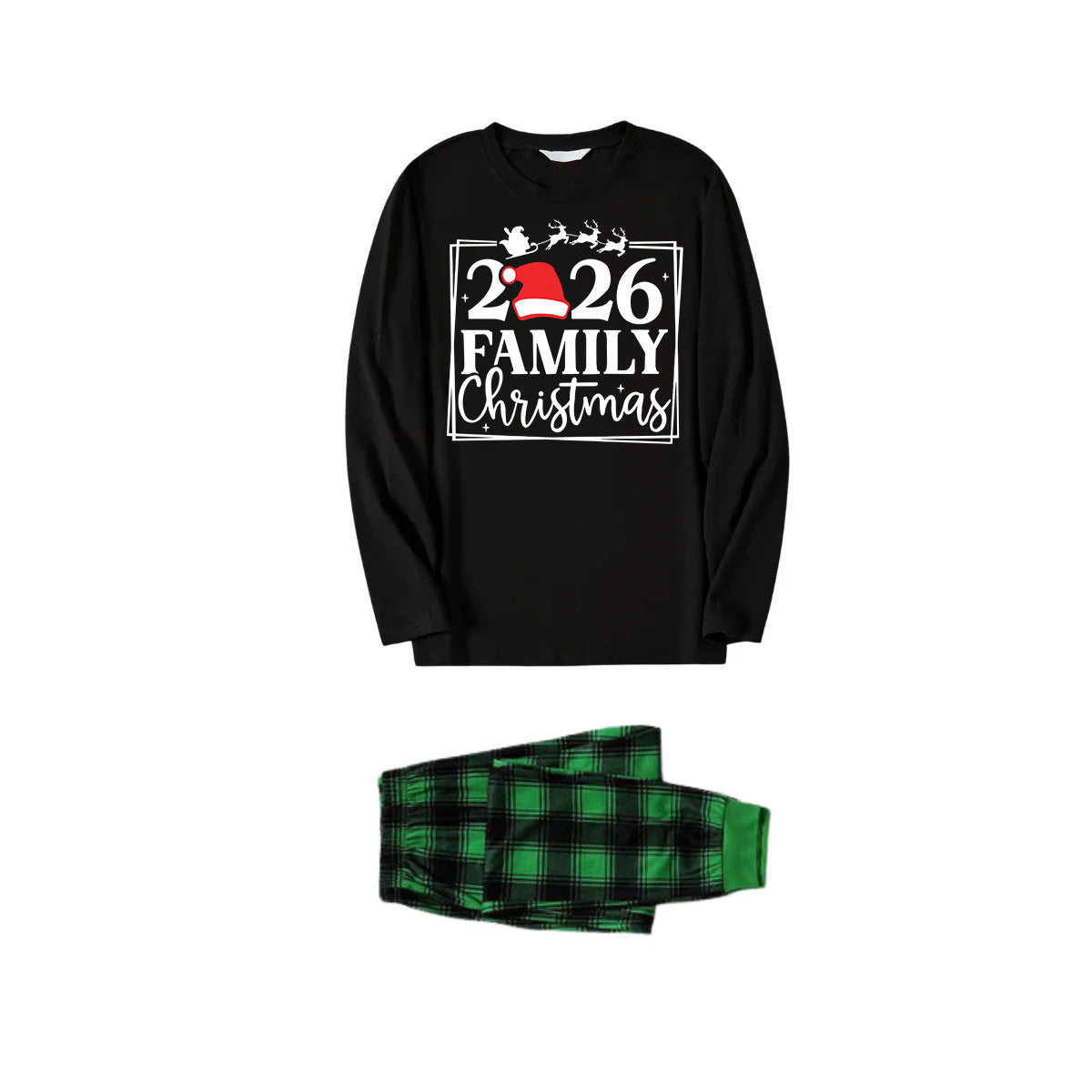 "Family Christmas 2026" Text Printed Black and Green Plaid Family Christmas Matching Pajamas