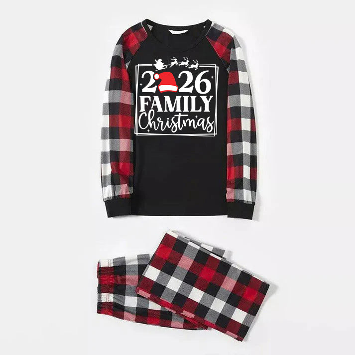"2026 FAMILY CHRISTMAS " Text And Santa Hat Printed Pattern- Black Top with Red&Black&White Plaid Sleeves - Family Matching Pajamas