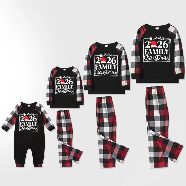 "2026 FAMILY CHRISTMAS " Text And Santa Hat Printed Pattern- Black Top with Red&Black&White Plaid Sleeves - Family Matching Pajamas