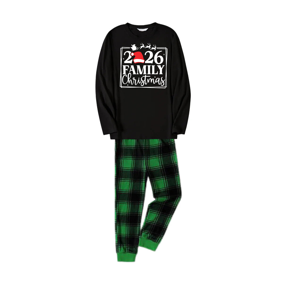 "Family Christmas 2026" Text Printed Black and Green Plaid Family Christmas Matching Pajamas