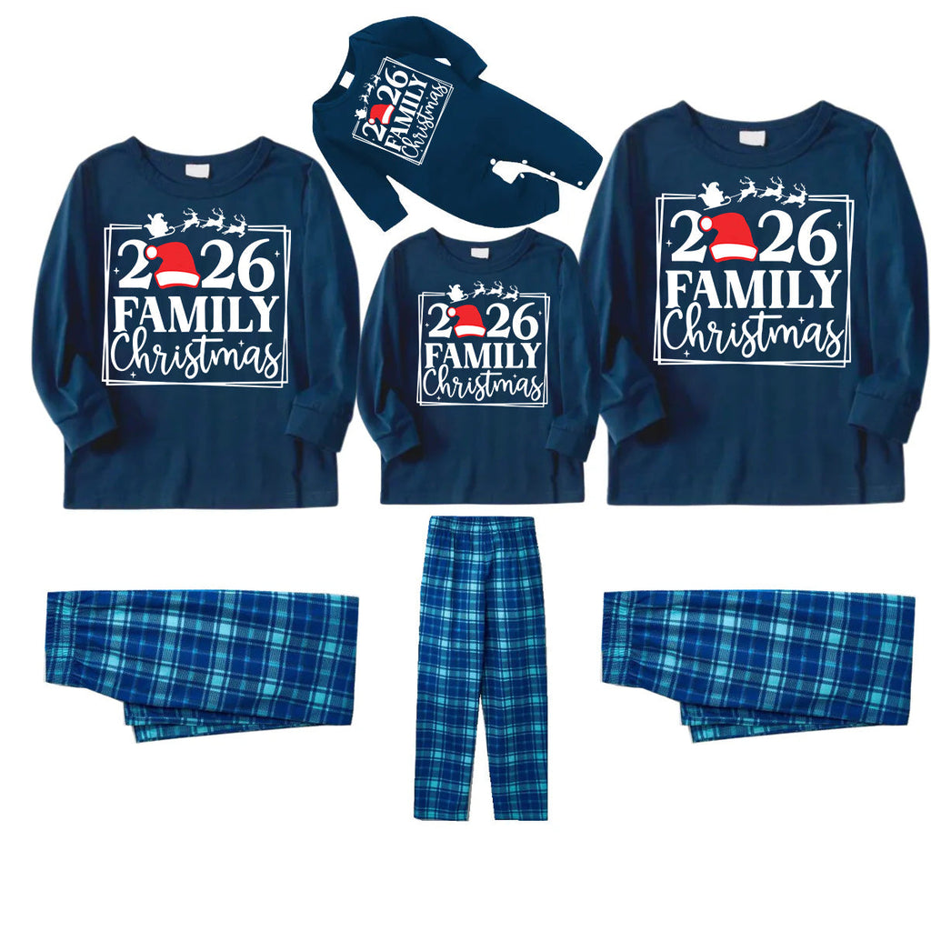"2026 FAMILY CHRISTMAS" Text and Sleigh Pattern - Blue Long Sleeve Top With Blue Plaid Family Matching Pajamas