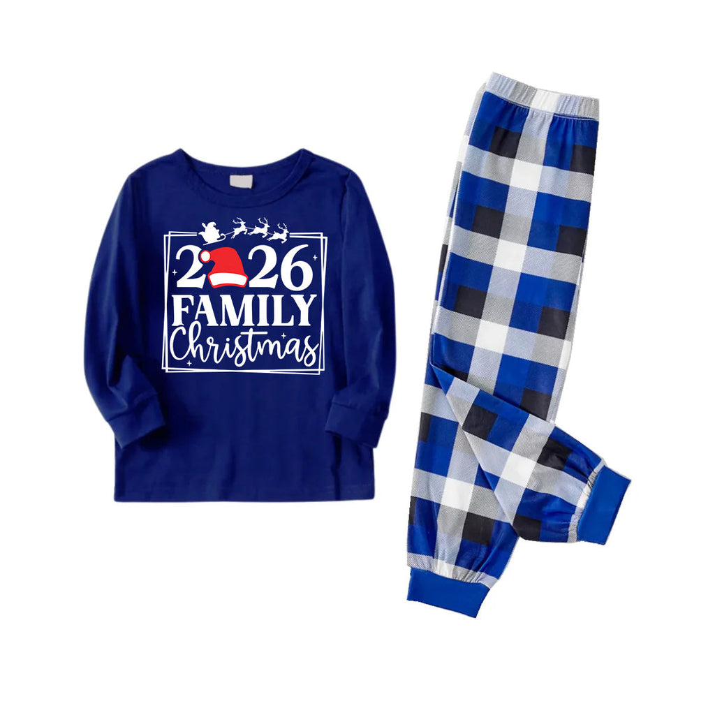 "2026 Family Christmas" Text and Reindeer Printed Blue and White Plaid Family Matching Pajamas