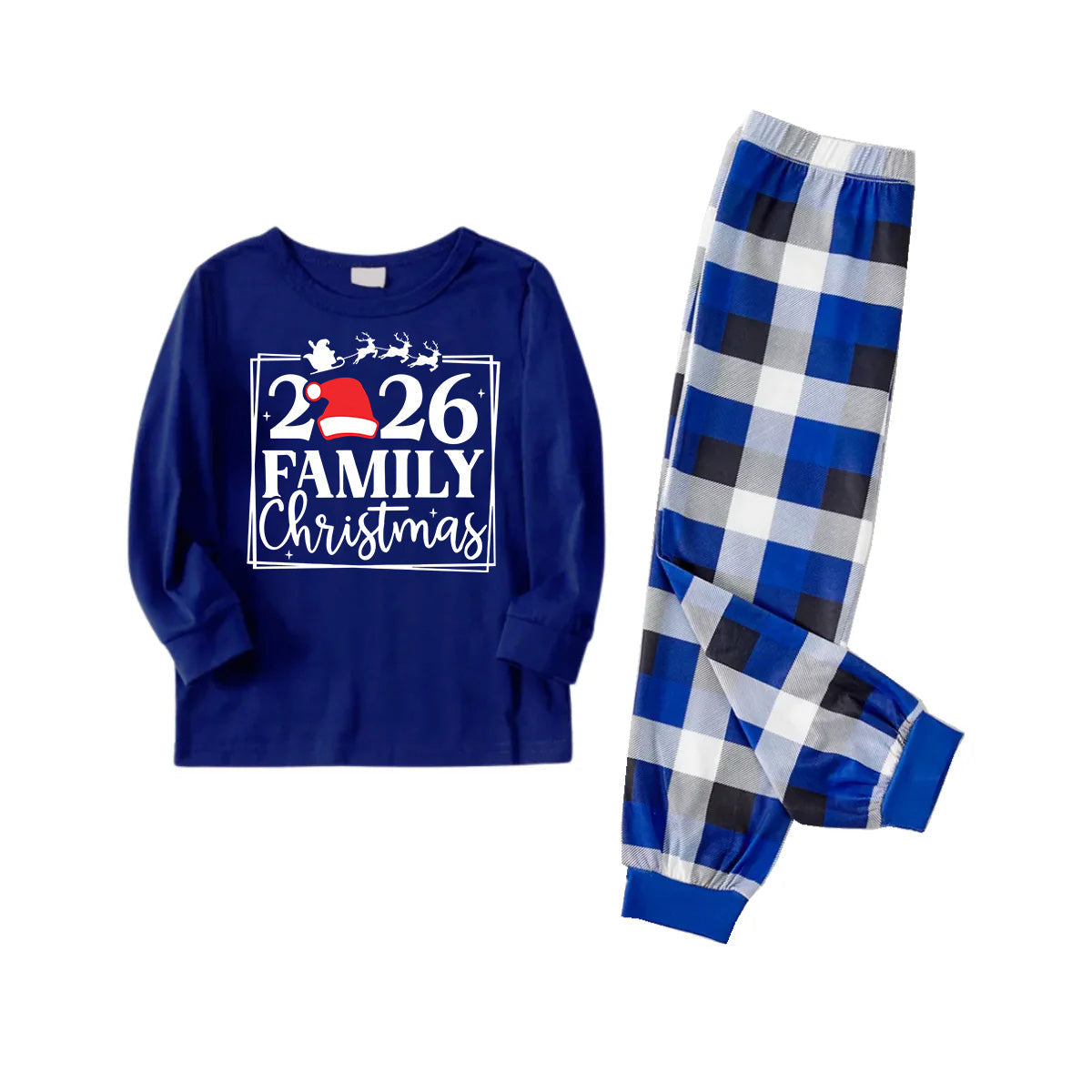 "2026 Family Christmas" Text and Reindeer Printed Blue and White Plaid Family Matching Pajamas