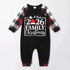 "2026 FAMILY CHRISTMAS " Text And Santa Hat Printed Pattern- Black Top with Red&Black&White Plaid Sleeves - Family Matching Pajamas