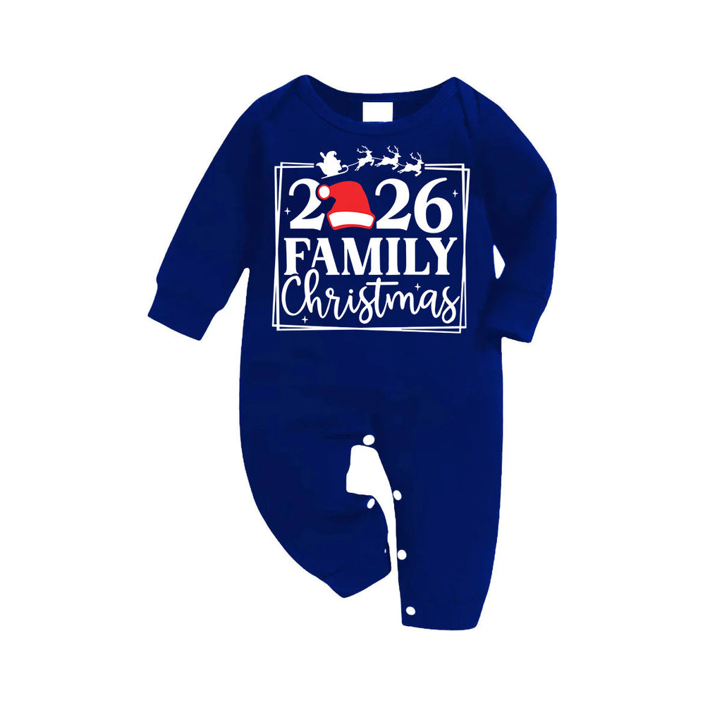 "2026 Family Christmas" Text and Reindeer Printed Blue and White Plaid Family Matching Pajamas