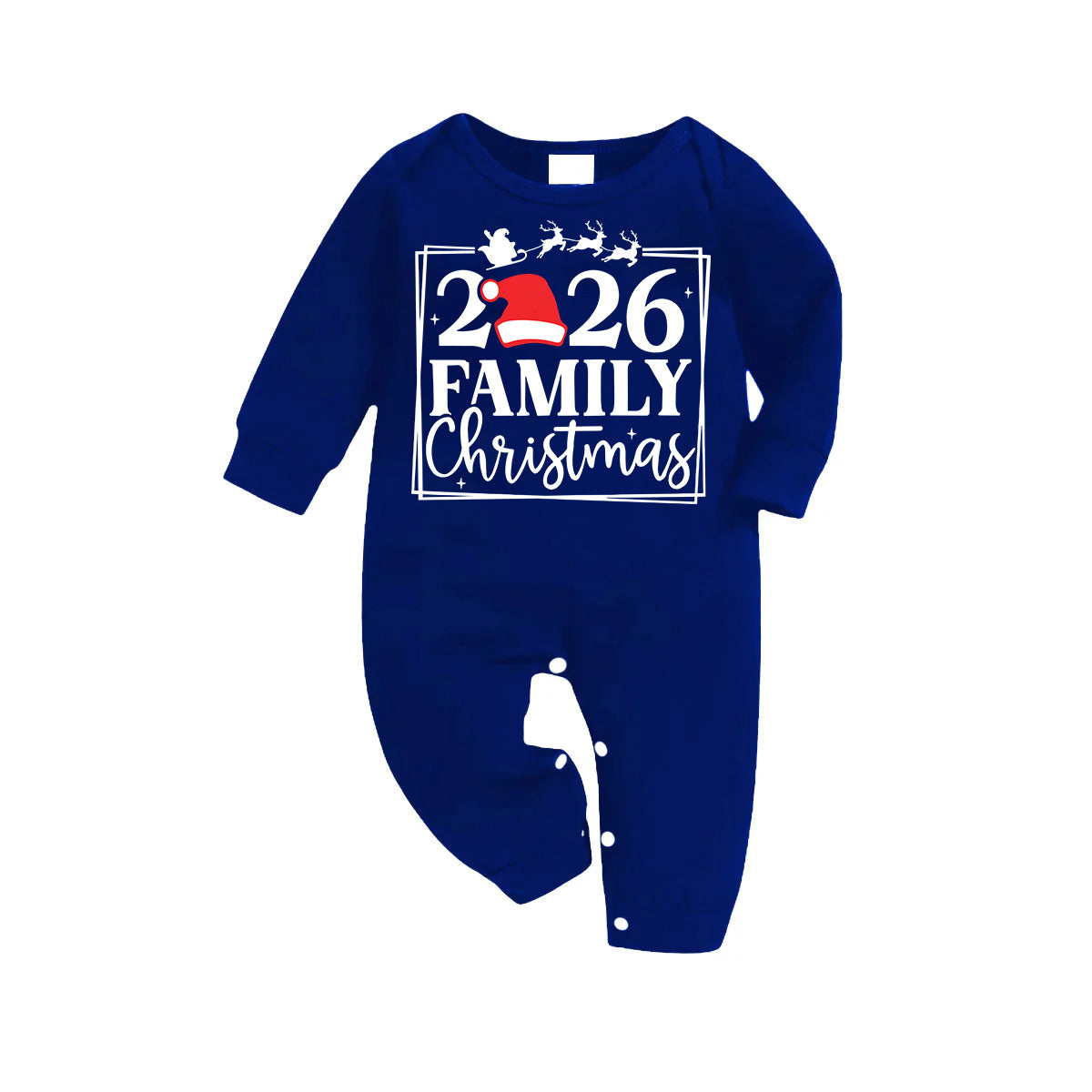 "2026 Family Christmas" Text and Reindeer Printed Blue and White Plaid Family Matching Pajamas