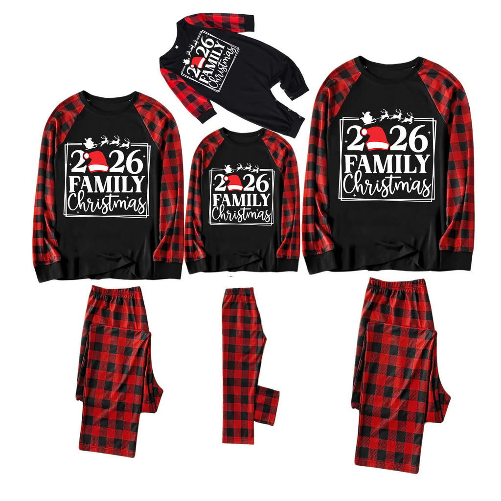"2026 Family Christmas" Text and Santa Hat Print Black & Red Plaid Family Matching Pajamas