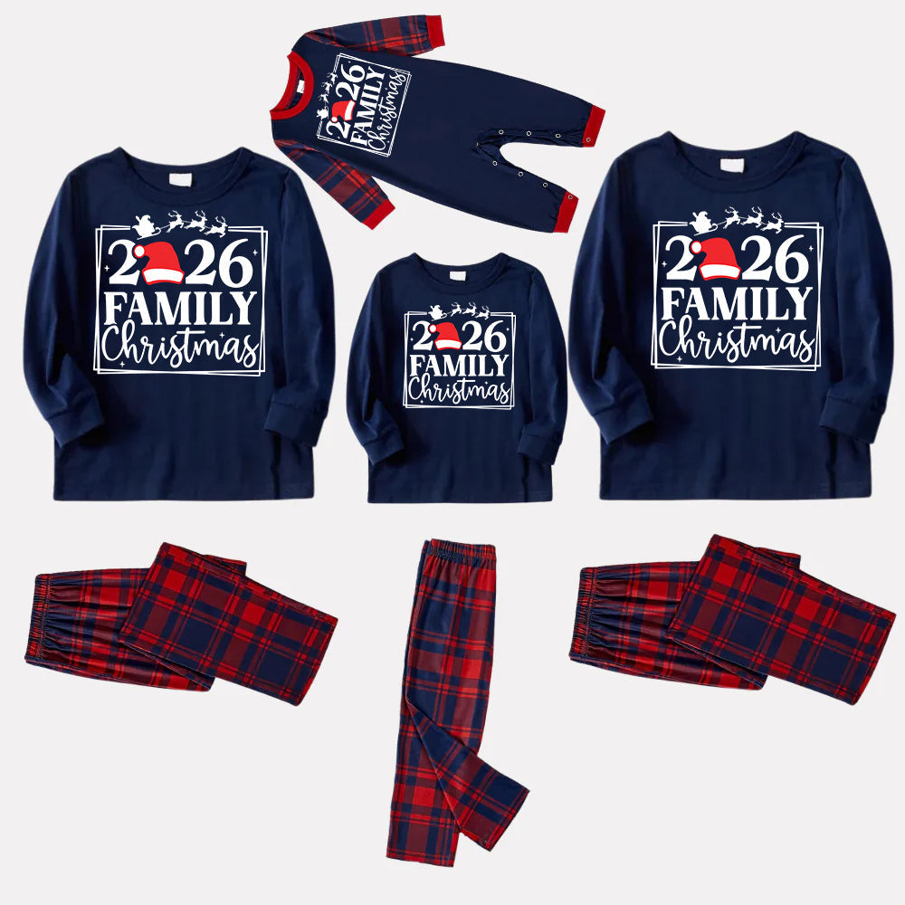 "2026 Family Christmas and Elk" Prints Blue Long Sleeves Top with Red and Blue Plaid Pants Christmas Matching Pajamas