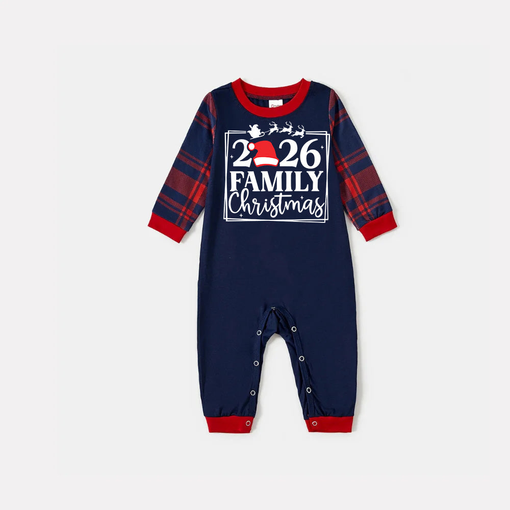 "2026 Family Christmas and Elk" Prints Blue Long Sleeves Top with Red and Blue Plaid Pants Christmas Matching Pajamas