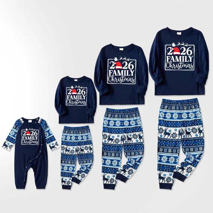 "Family 2026 Christmas" Text and Santa Hat Print Blue Family Matching Pajamas