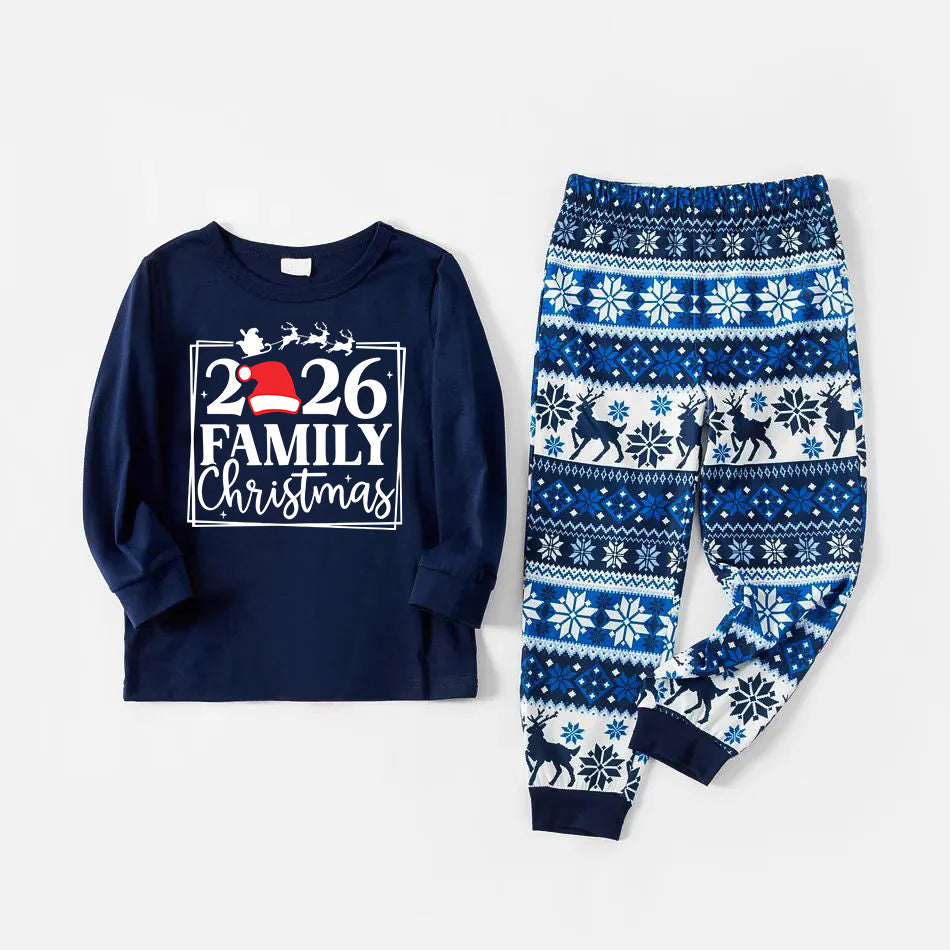 "Family 2026 Christmas" Text and Santa Hat Print Blue Family Matching Pajamas