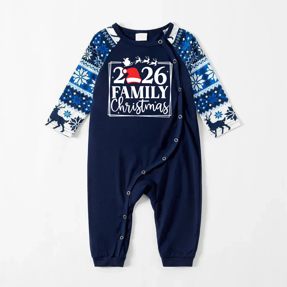 "Family 2026 Christmas" Text and Santa Hat Print Blue Family Matching Pajamas