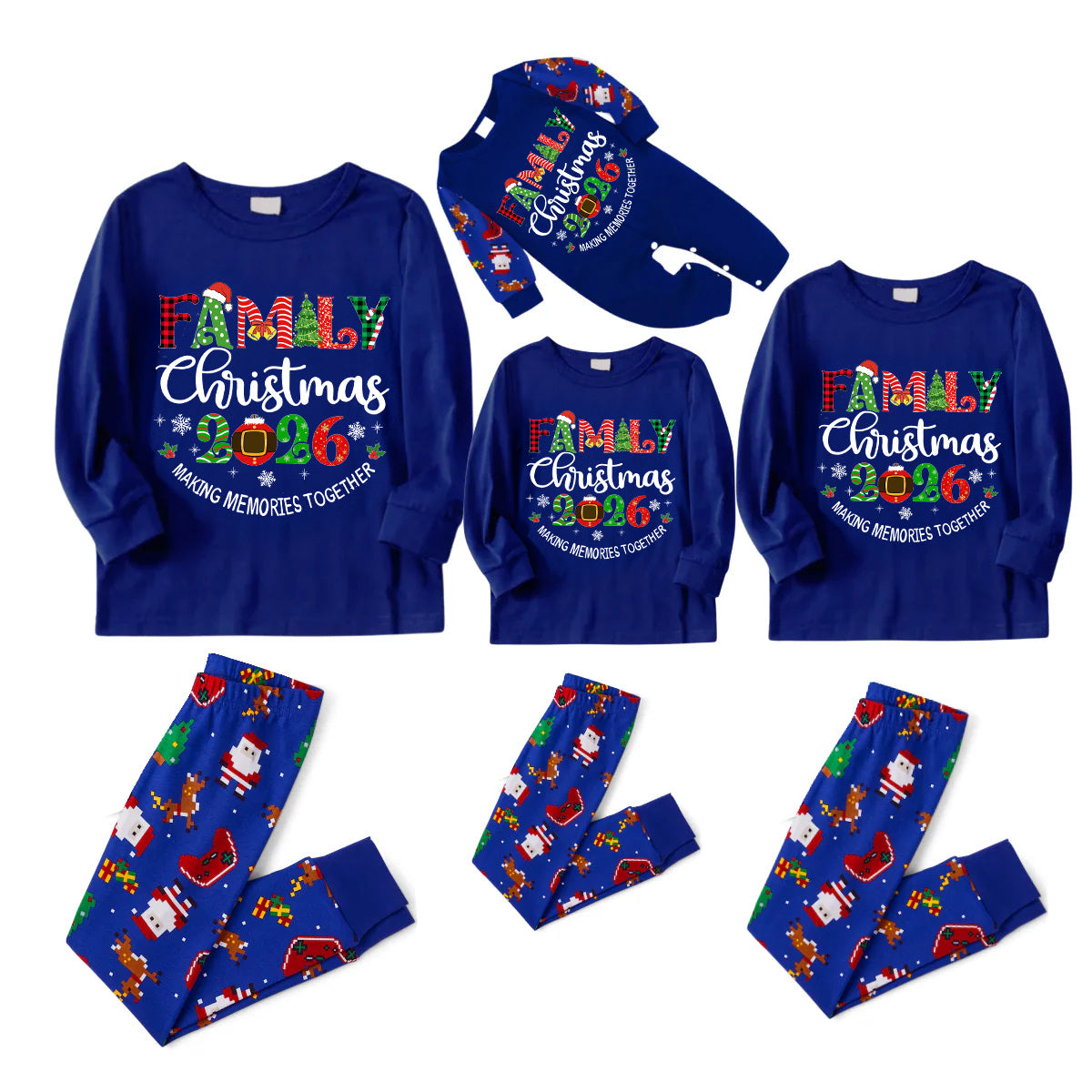 Family Christmas 2026 Making Memories Family Pajamas Set - Blue Top, Blue Pants, Blue Christmas Cartoon Sleeves