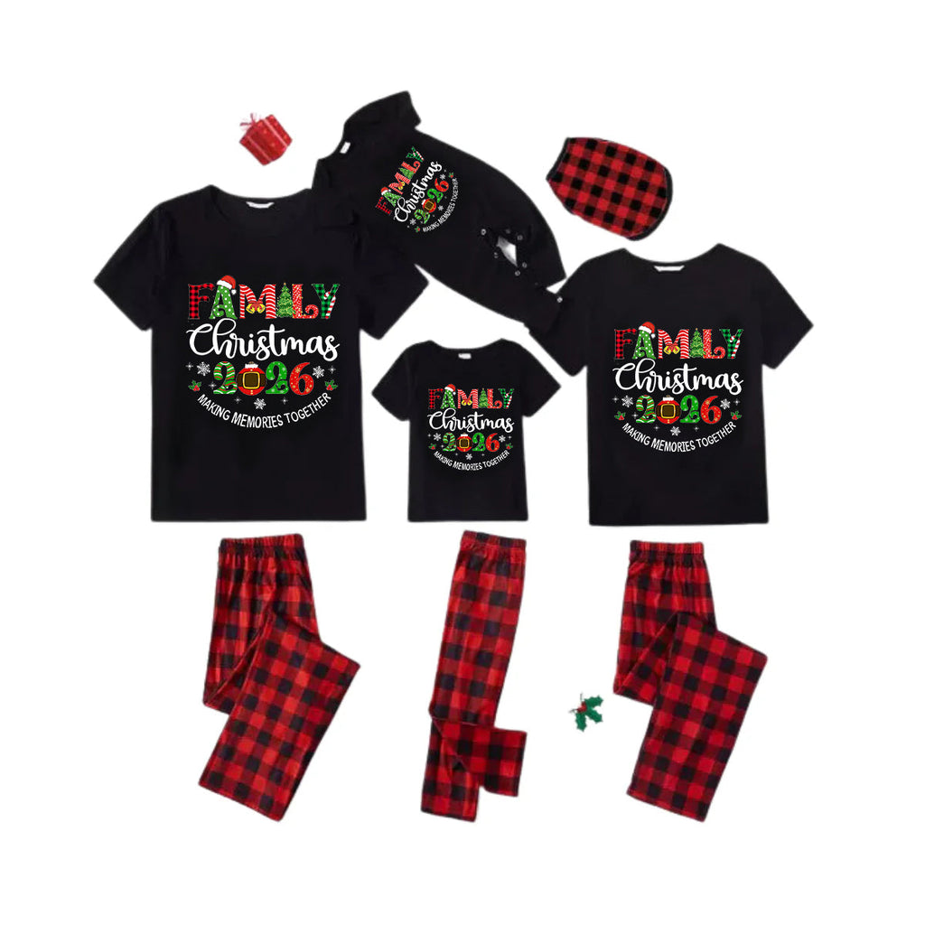 Family Christmas 2026 Family Pajamas Set - Black Top Red Pants Red Plaid Pattern Christmas Letter Print