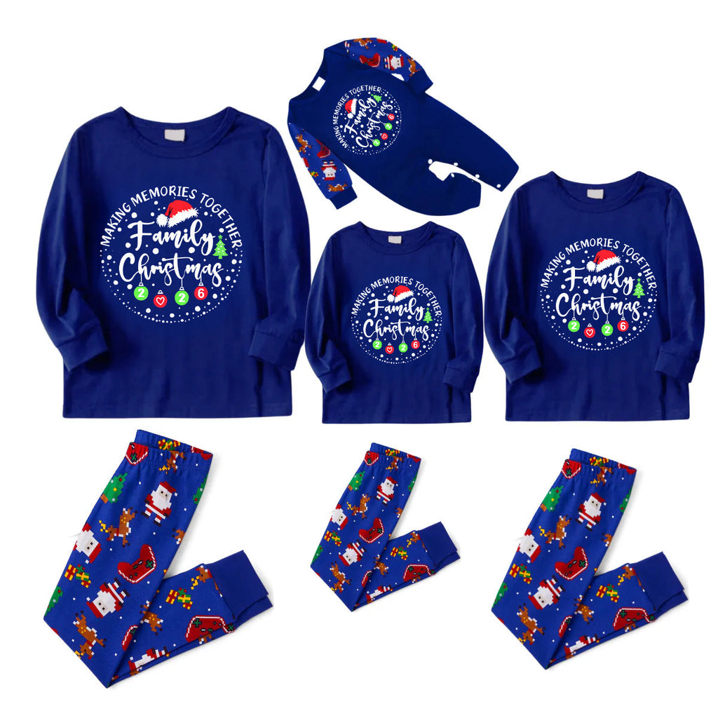 Making Memories Together Family Christmas 2026 Family Pajamas Set - Blue Top, Blue Pants, Blue Christmas Cartoon Sleeves