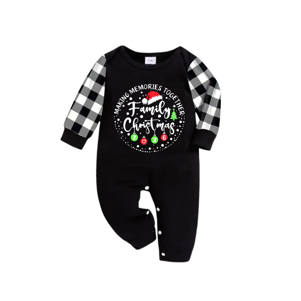 "MAKING MEMORIES TOGETHER FAMILY CHRISTMAS 2026" Text Pattern - Black Long Sleeve Top with Black And White Plaid Pants Family Matching Pajamas