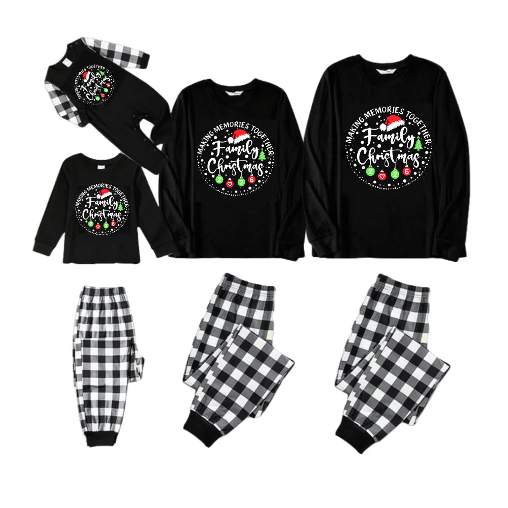 "MAKING MEMORIES TOGETHER FAMILY CHRISTMAS 2026" Text Pattern - Black Long Sleeve Top with Black And White Plaid Pants Family Matching Pajamas