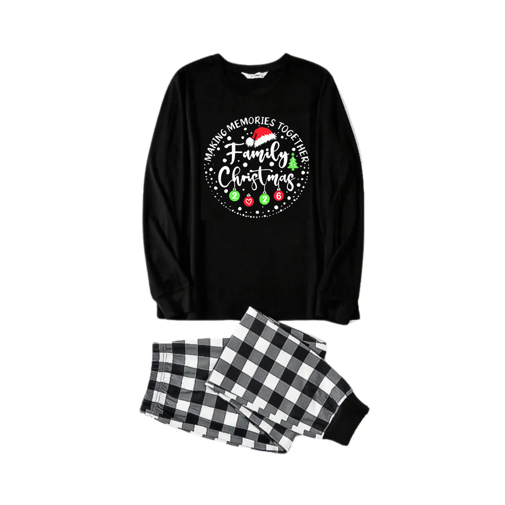 "MAKING MEMORIES TOGETHER FAMILY CHRISTMAS 2026" Text Pattern - Black Long Sleeve Top with Black And White Plaid Pants Family Matching Pajamas