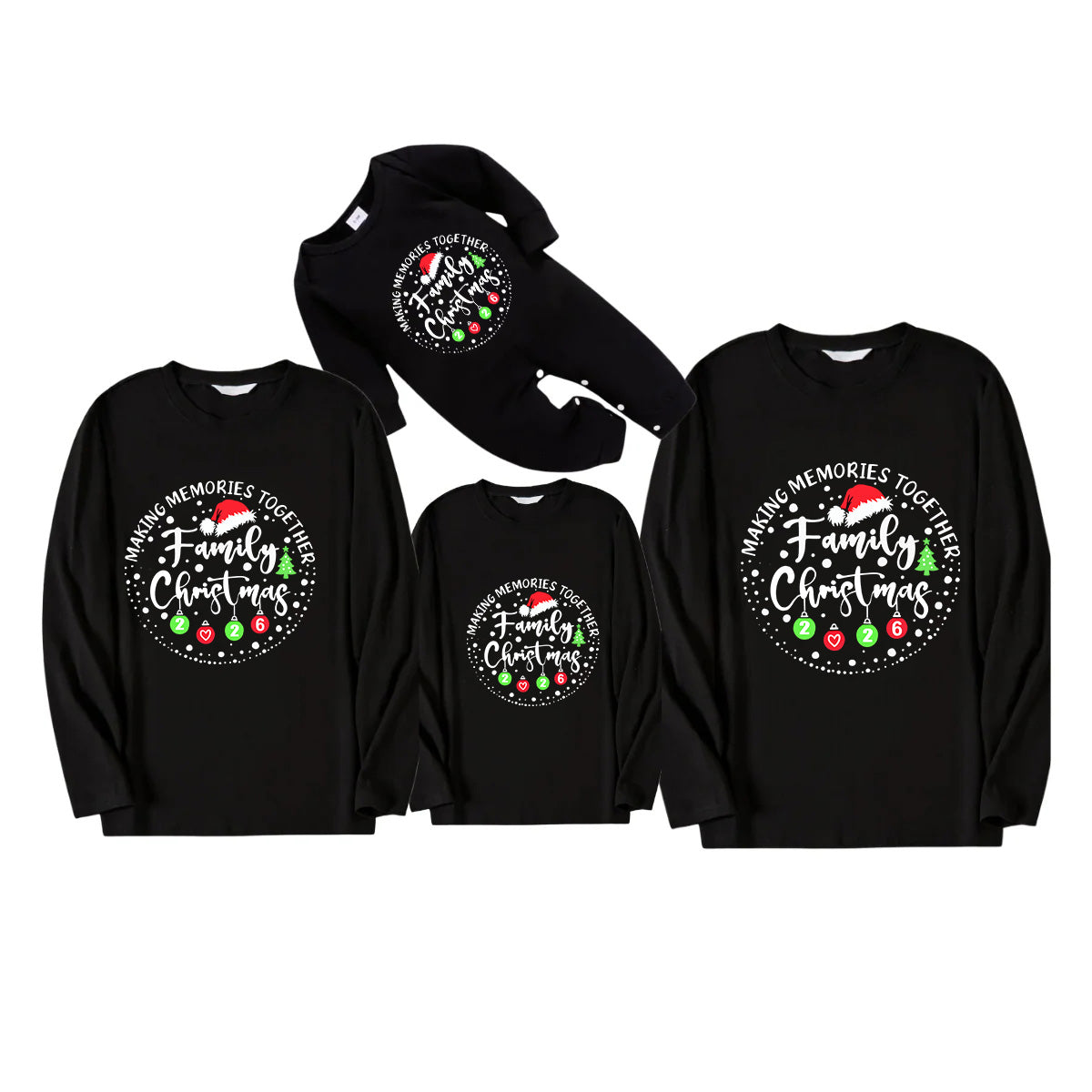 "Making Memories Together Family Christmas 2026" Circle Colorful Text Pattern Black Long Sleeve Top