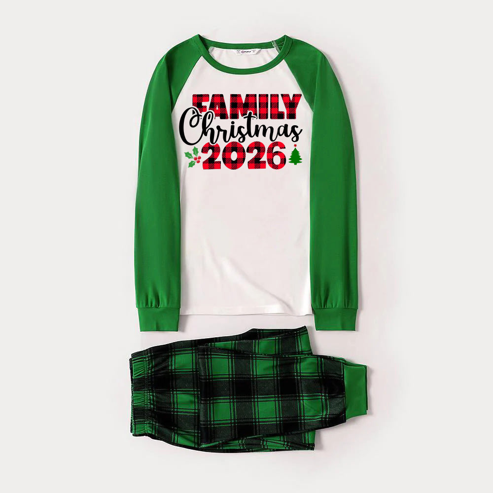 Family Christmas 2026 Text Print Long Sleeve Top With Green & Black Plaid Christmas Matching Pajamas