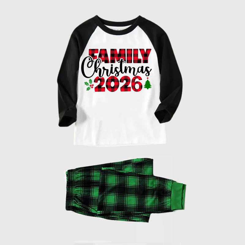 "Family Christmas 2026" Printed Green and Black Plaid Christmas Family Pajamas