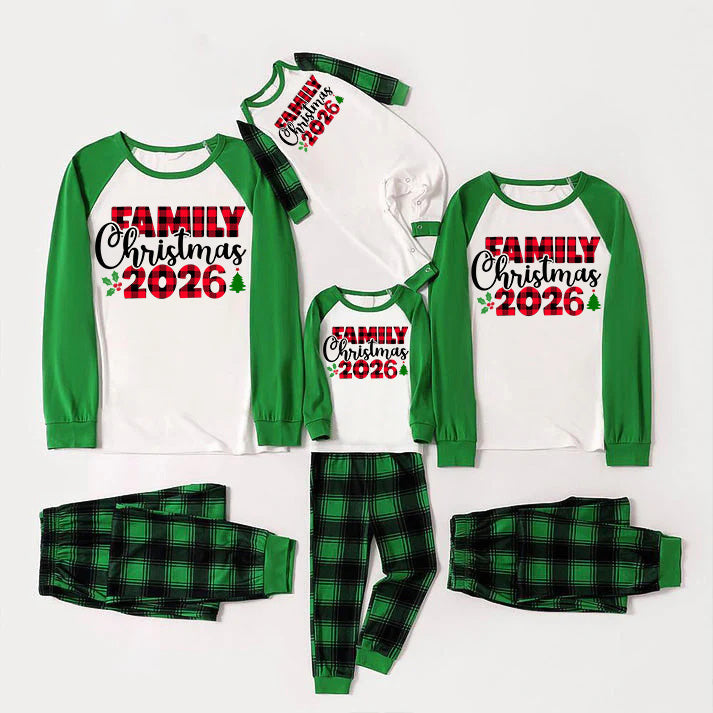 Family Christmas 2026 Text Print Long Sleeve Top With Green & Black Plaid Christmas Matching Pajamas