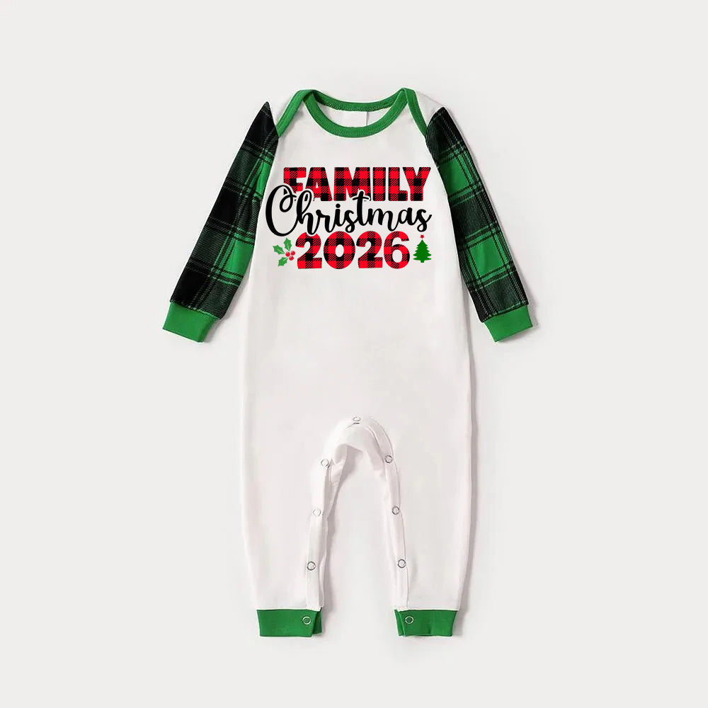 Family Christmas 2026 Text Print Long Sleeve Top With Green & Black Plaid Christmas Matching Pajamas