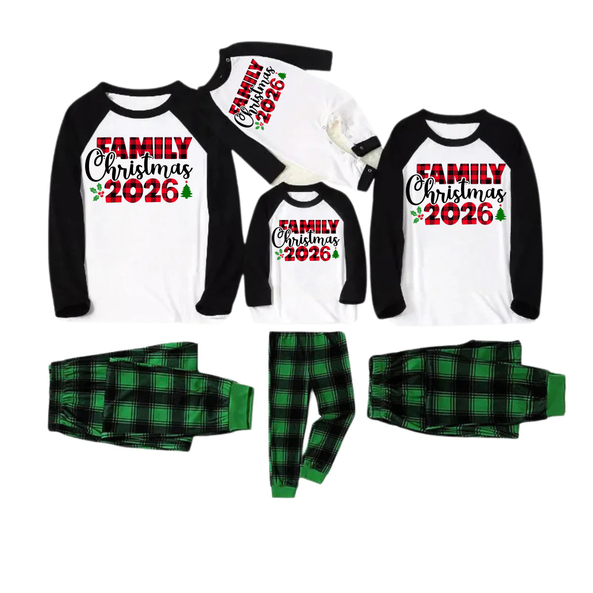 "Family Christmas 2026" Printed Green and Black Plaid Christmas Family Pajamas