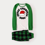 Family Christmas 2026 Text and Santa Hat Print Long Sleeve Top With Green & Black Plaid Christmas Matching Pajamas