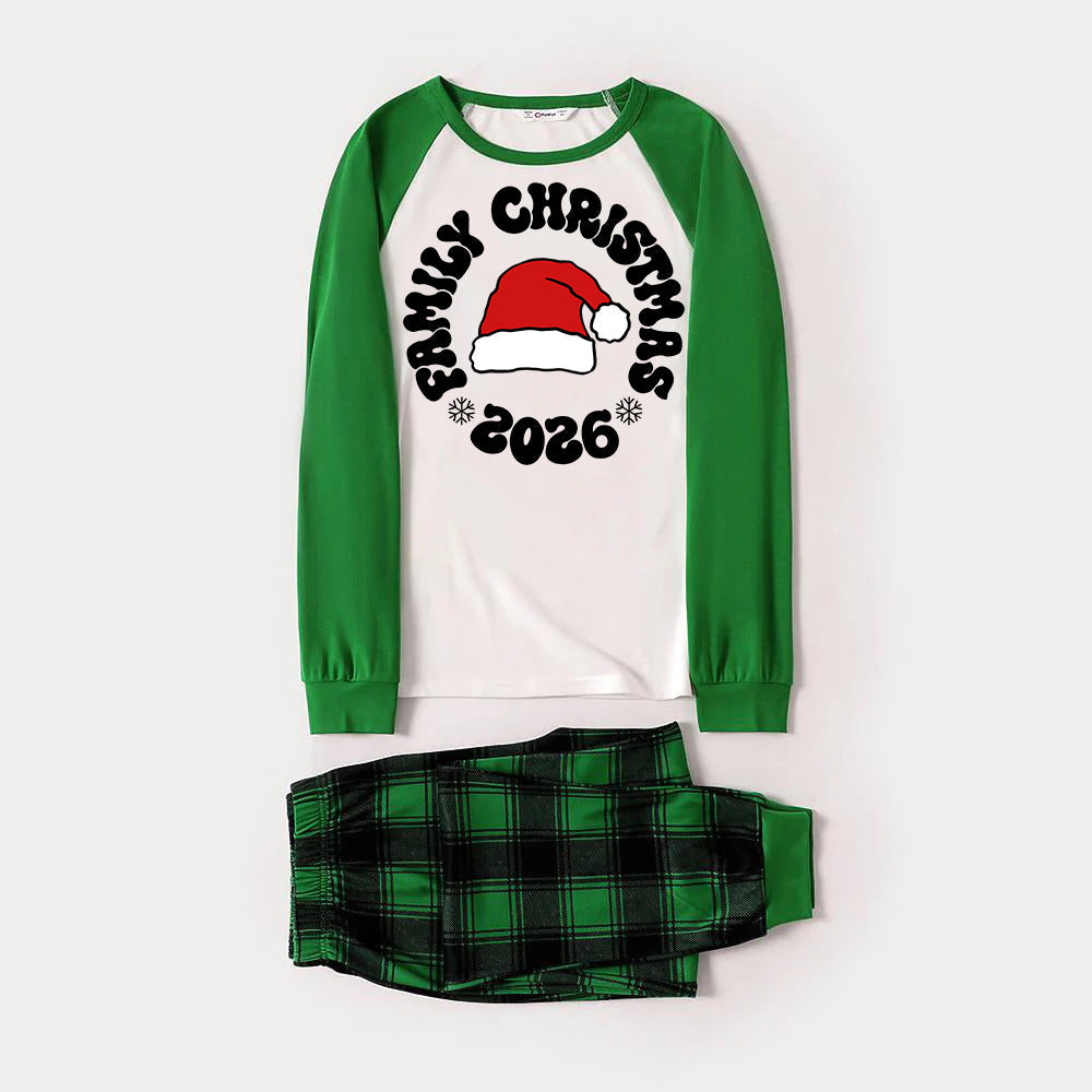 Family Christmas 2026 Text and Santa Hat Print Long Sleeve Top With Green & Black Plaid Christmas Matching Pajamas