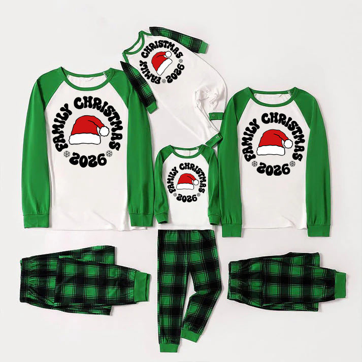 Family Christmas 2026 Text and Santa Hat Print Long Sleeve Top With Green & Black Plaid Christmas Matching Pajamas