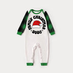 Family Christmas 2026 Text and Santa Hat Print Long Sleeve Top With Green & Black Plaid Christmas Matching Pajamas