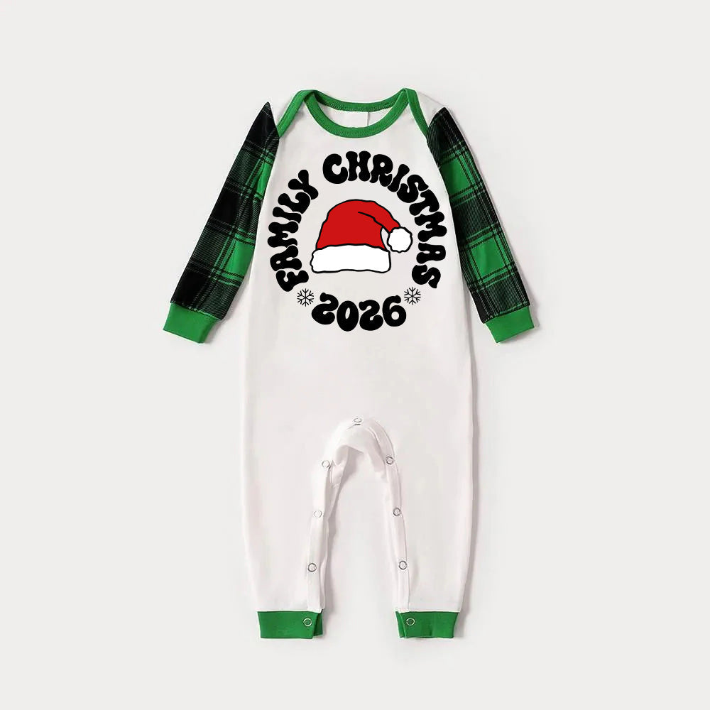 Family Christmas 2026 Text and Santa Hat Print Long Sleeve Top With Green & Black Plaid Christmas Matching Pajamas
