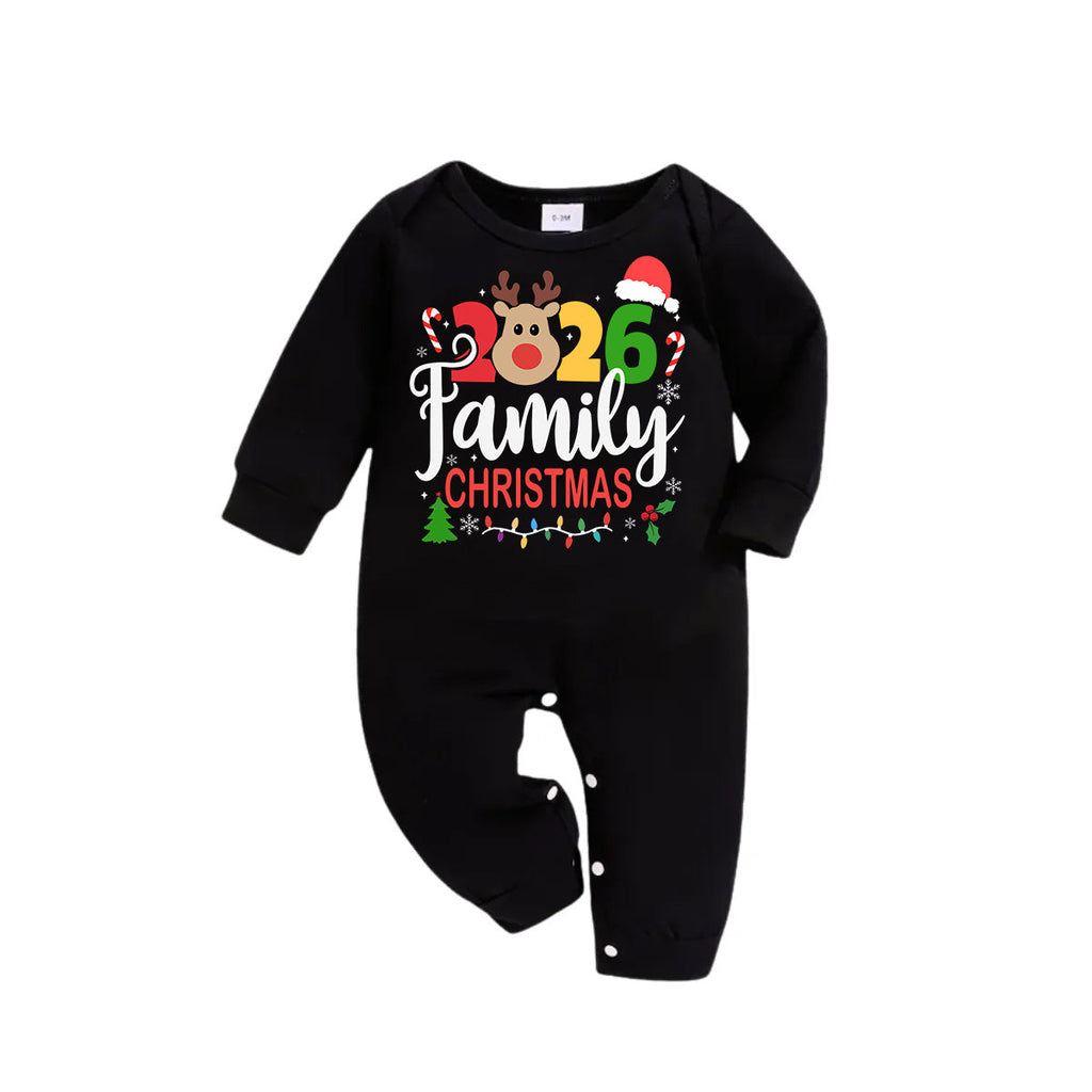 Cute Deer and "Family Christmas 2026" Print Black and Green Plaid Family Matching Pajamas