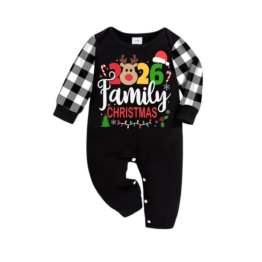 "Family Christmas 2026" Text and Deer Prints Black Long Sleeve Top with Black And White Plaid Pants Family Matching Pajamas