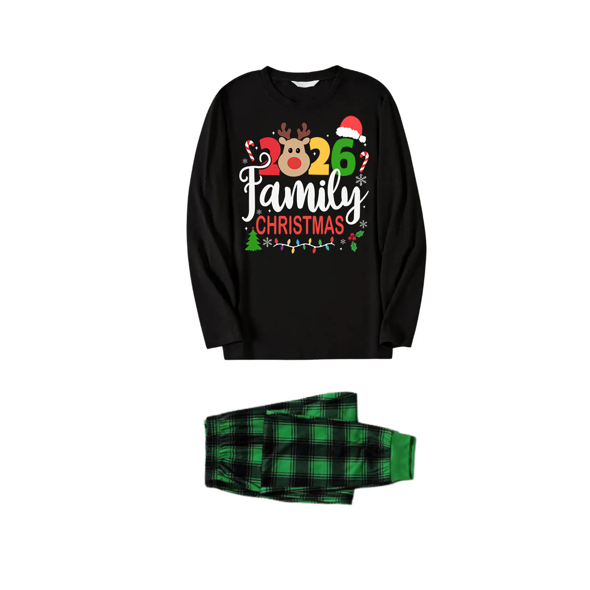 Cute Deer and "Family Christmas 2026" Print Black and Green Plaid Family Matching Pajamas